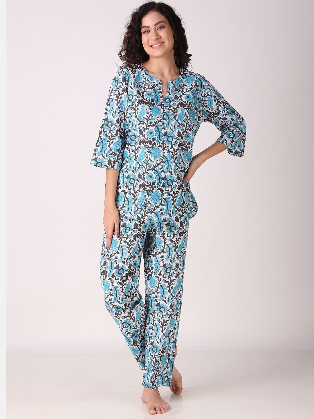 

Masha Floral Printed Pure Cotton Top With Pyjamas, Turquoise blue