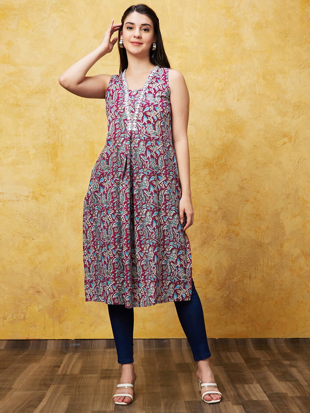 

Globus Allover Ethnic Motifs Flared Hem Fusion A-Line Calf Length Kurta, Purple