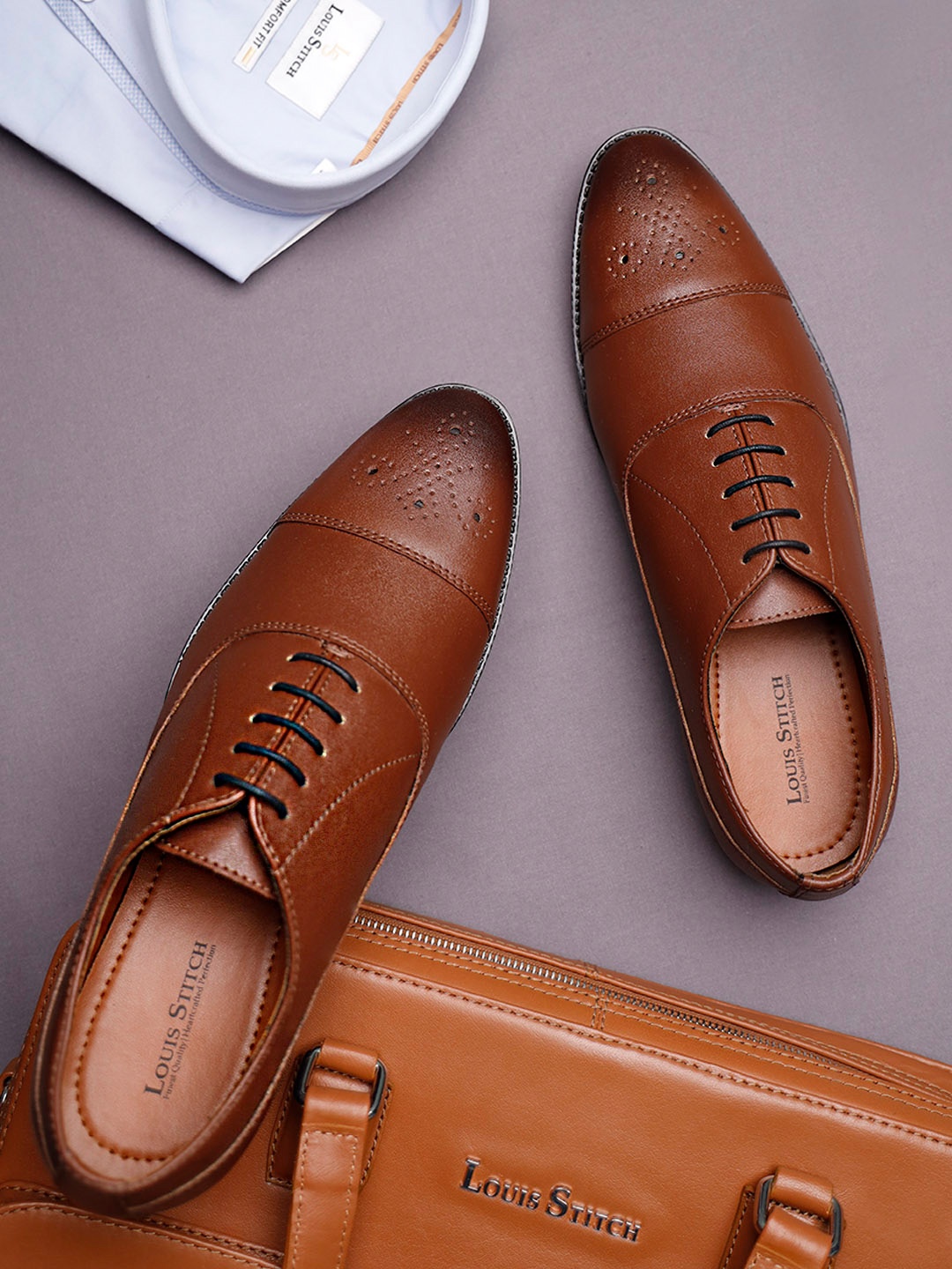 

LOUIS STITCH Men Russet Tan Formal Lace Up Derby Shoes