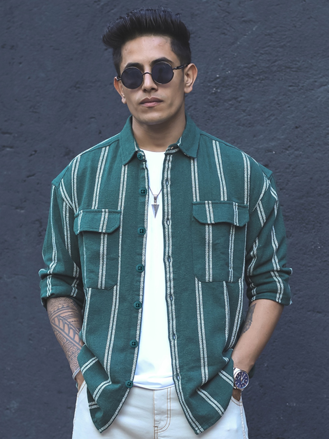 Powerlook Olive Green India Slim Vertical Striped Oversized Casual Shirt