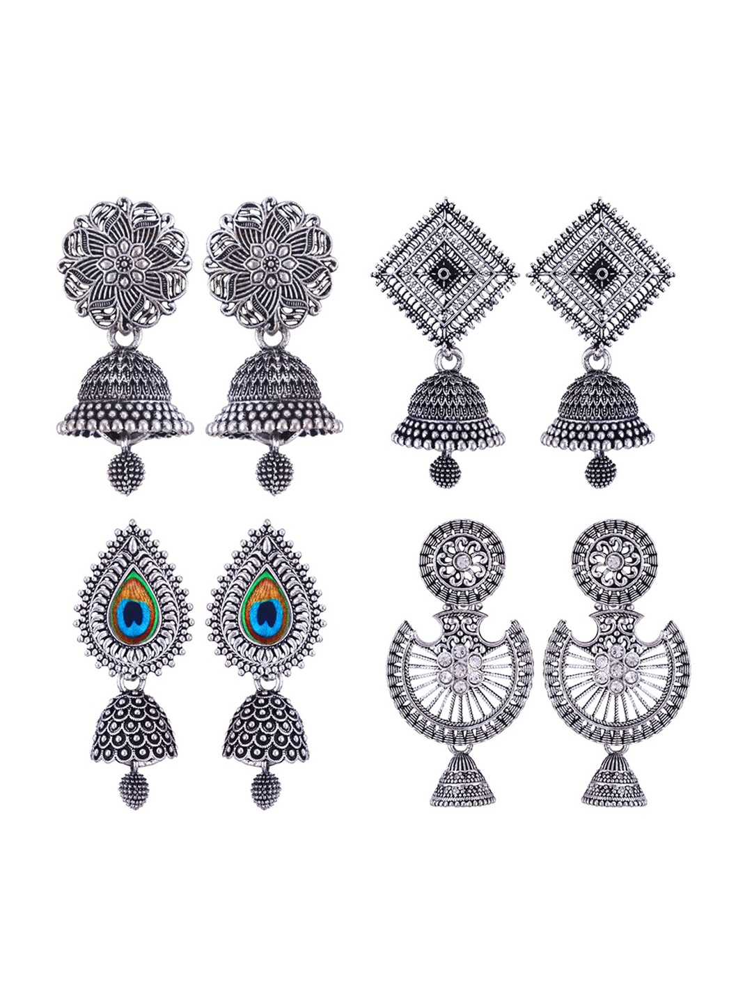 

MEENAZ Set Of 4 Silver-Plated Stainless Steel Stones Studded Jhumkas