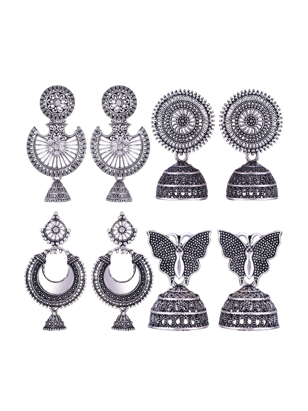 

MEENAZ Set Of 4 Silver-Plated Stainless Steel Stones Studded Jhumkas