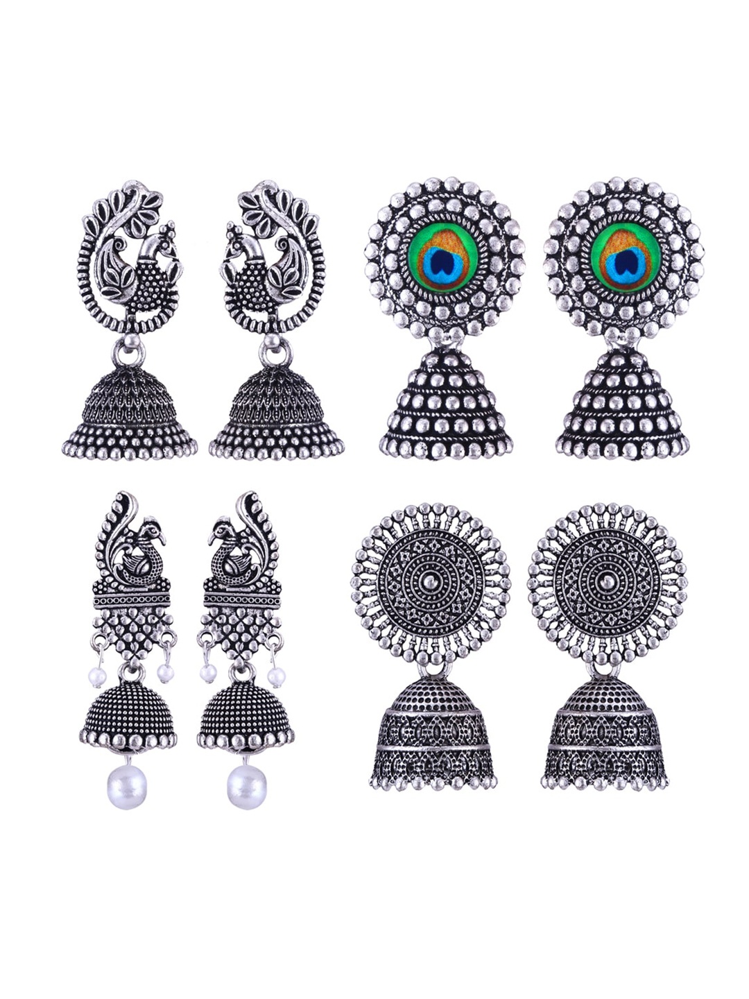 

MEENAZ Set Of 4 Silver-Plated Oxidised Peacock Shaped Jhumkas