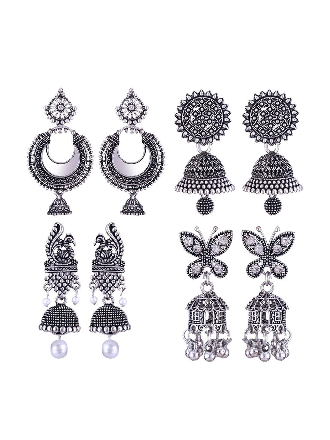 

MEENAZ Set Of 4 Silver-Plated Oxidised Jhumkas