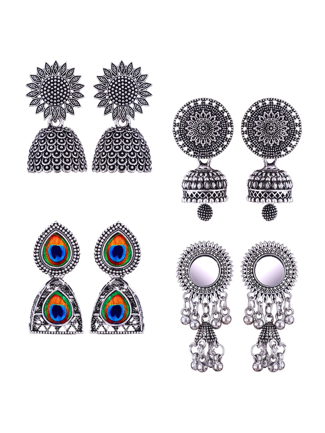 

MEENAZ Set Of 4 Stainless Steel Silver-Plated Peacock Shaped Jhumkas