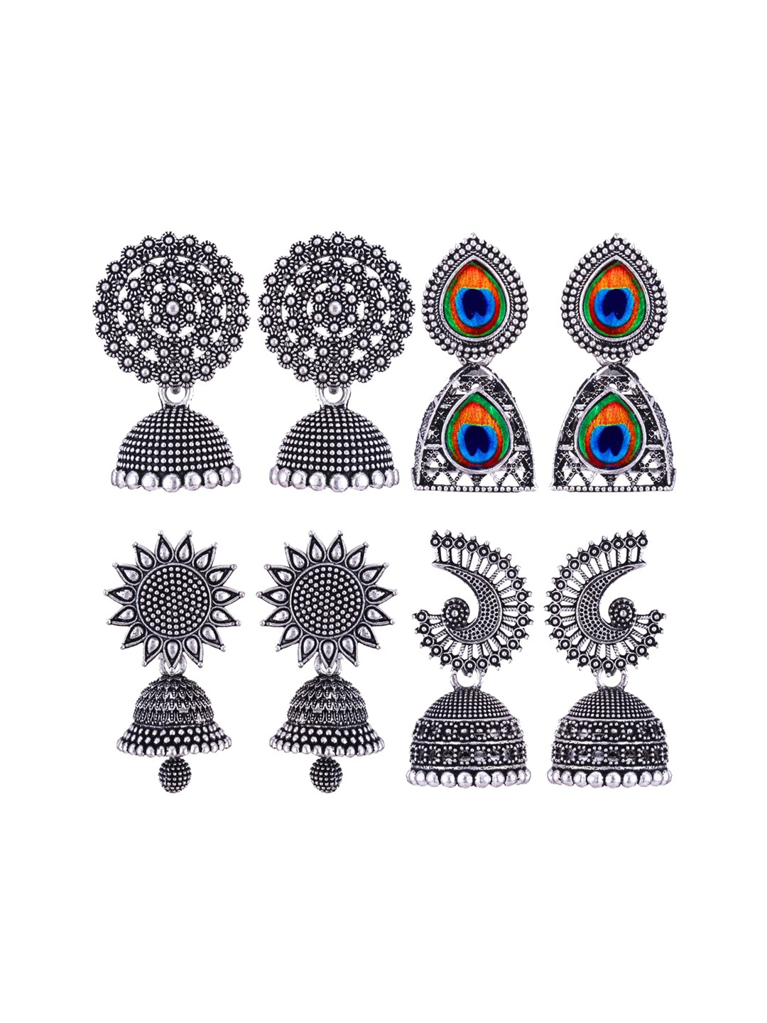

MEENAZ Set Of 4 Silver-Plated Stainless Steel Oxidised Peacock Shaped Jhumkas