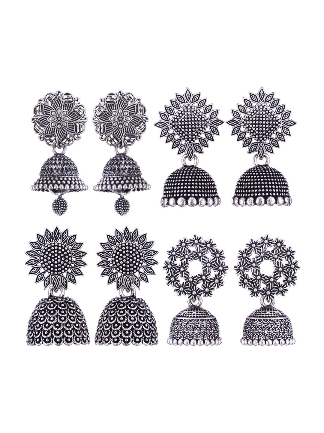 

MEENAZ Set Of 4 Silver-Plated Stainless Steel Oxidised Peacock Shaped Jhumkas