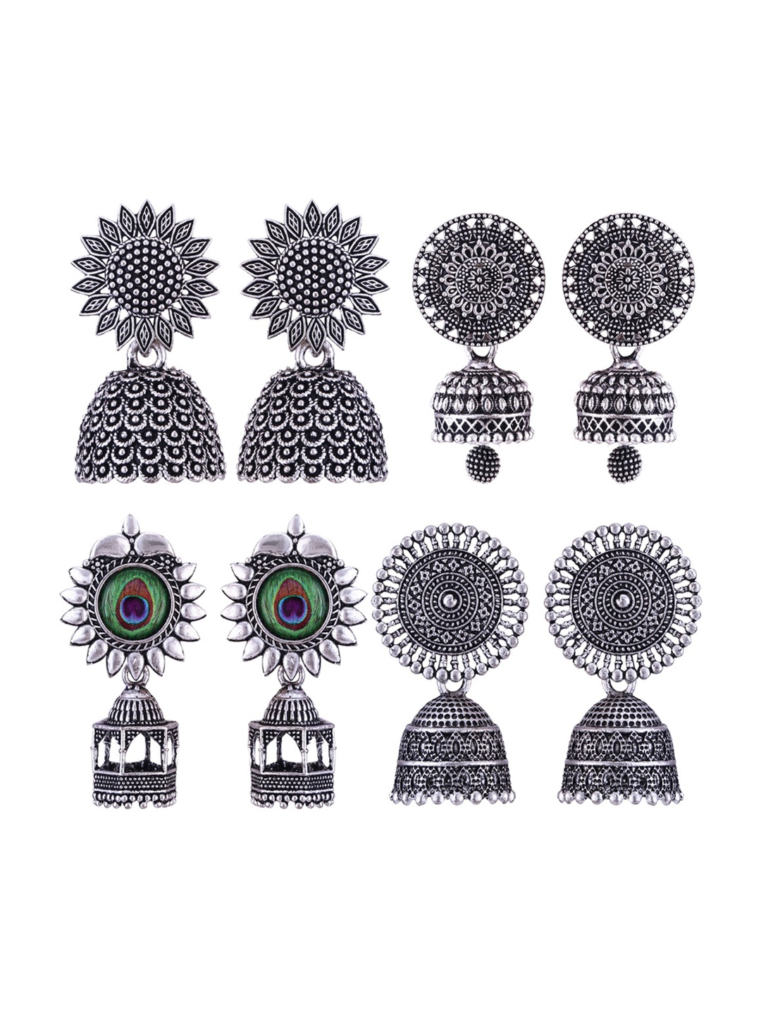 

MEENAZ Set Of 4 Silver-Plated Oxidised Peacock Shaped Jhumkas