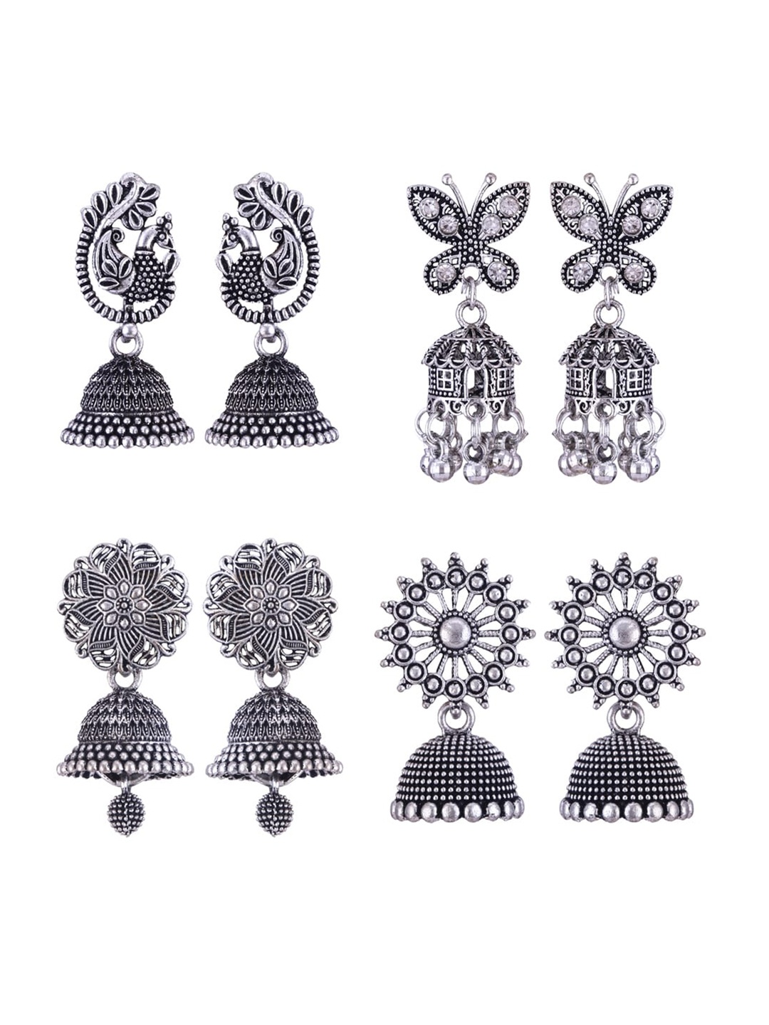 

MEENAZ Set Of 4 Silver-Plated Oxidised Peacock Shaped Jhumkas