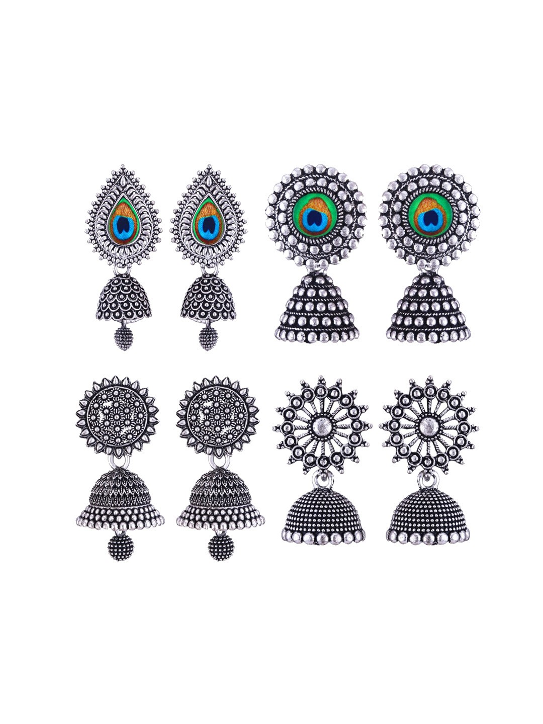 

MEENAZ Set Of 4 Silver-Plated Oxidised Peacock Shaped Jhumkas