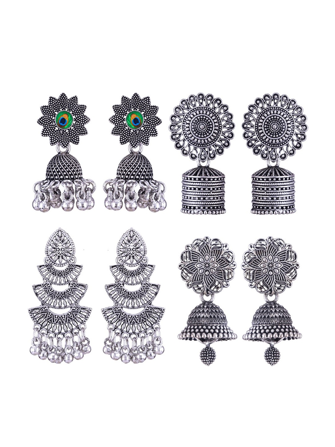 

MEENAZ Set Of 4 Silver-Plated Oxidised Jhumkas