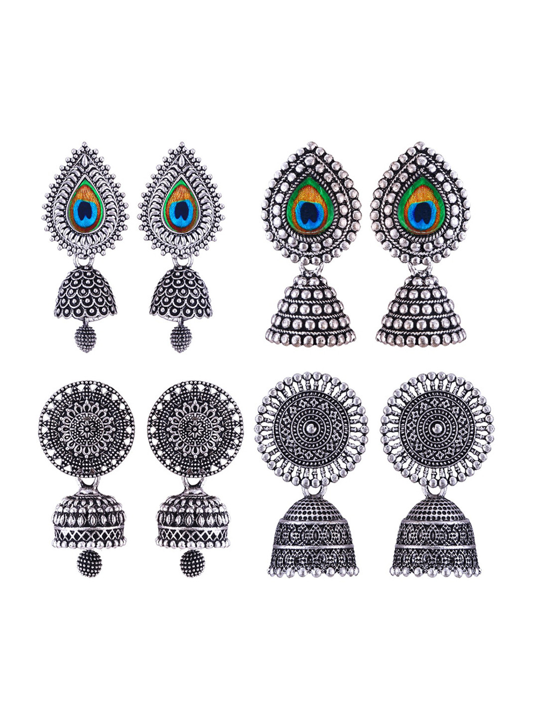

MEENAZ Set Of 4 Stainless Steel Silver-Plated Peacock Shaped Jhumkas