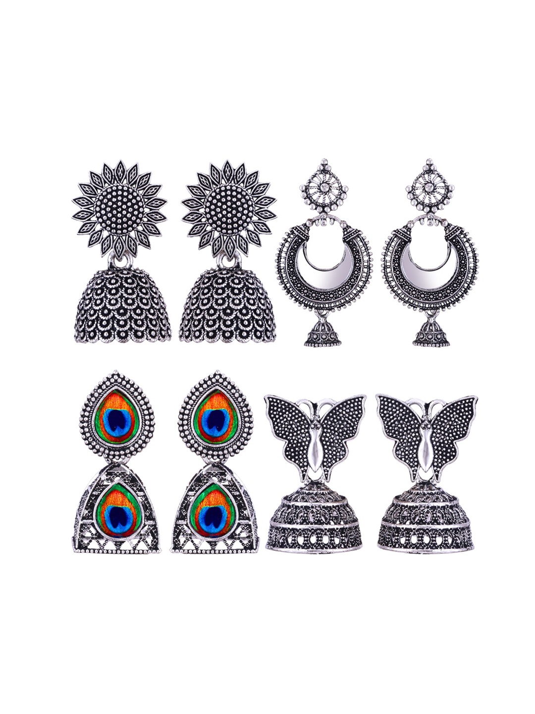

MEENAZ Set Of 4 Stainless Steel Silver-Plated Peacock Shaped Jhumkas