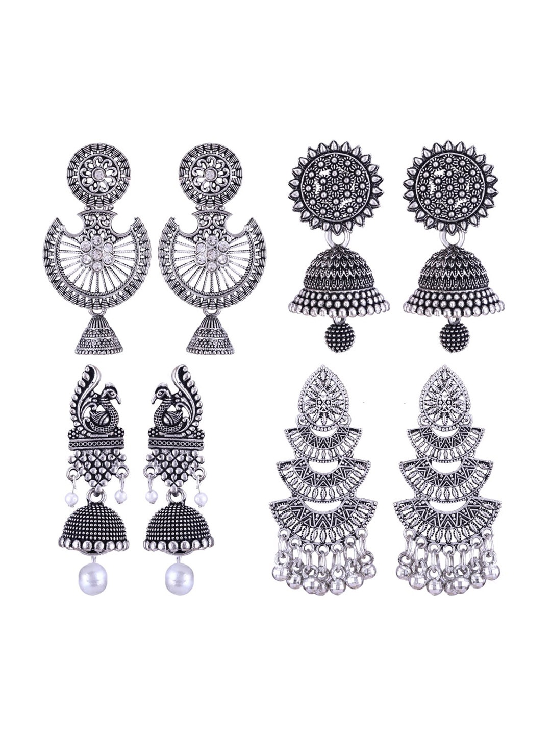 

MEENAZ Set Of 4 Silver-Plated Stainless Steel Stones Studded & Beads Beaded Jhumkas