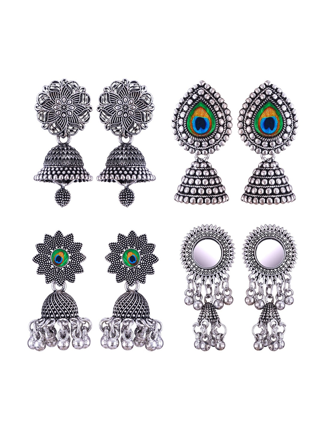 

MEENAZ Set Of 4 Silver-Plated Oxidised Peacock Shaped Jhumkas