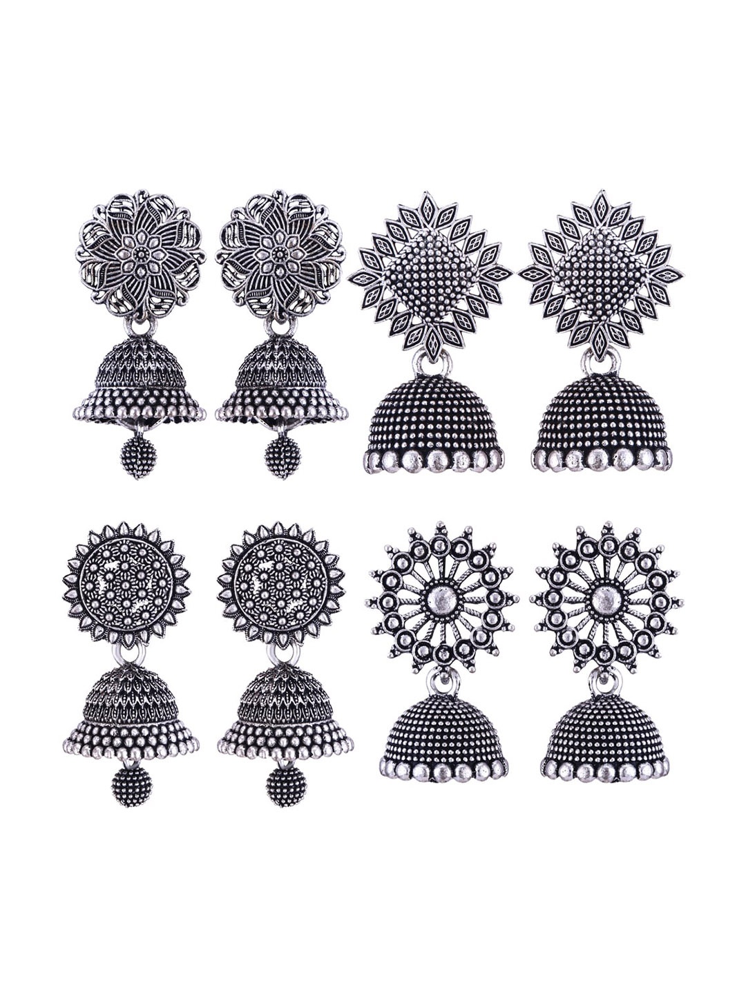 

MEENAZ Set Of 4 Silver-Plated Stainless Steel Oxidised Jhumkas