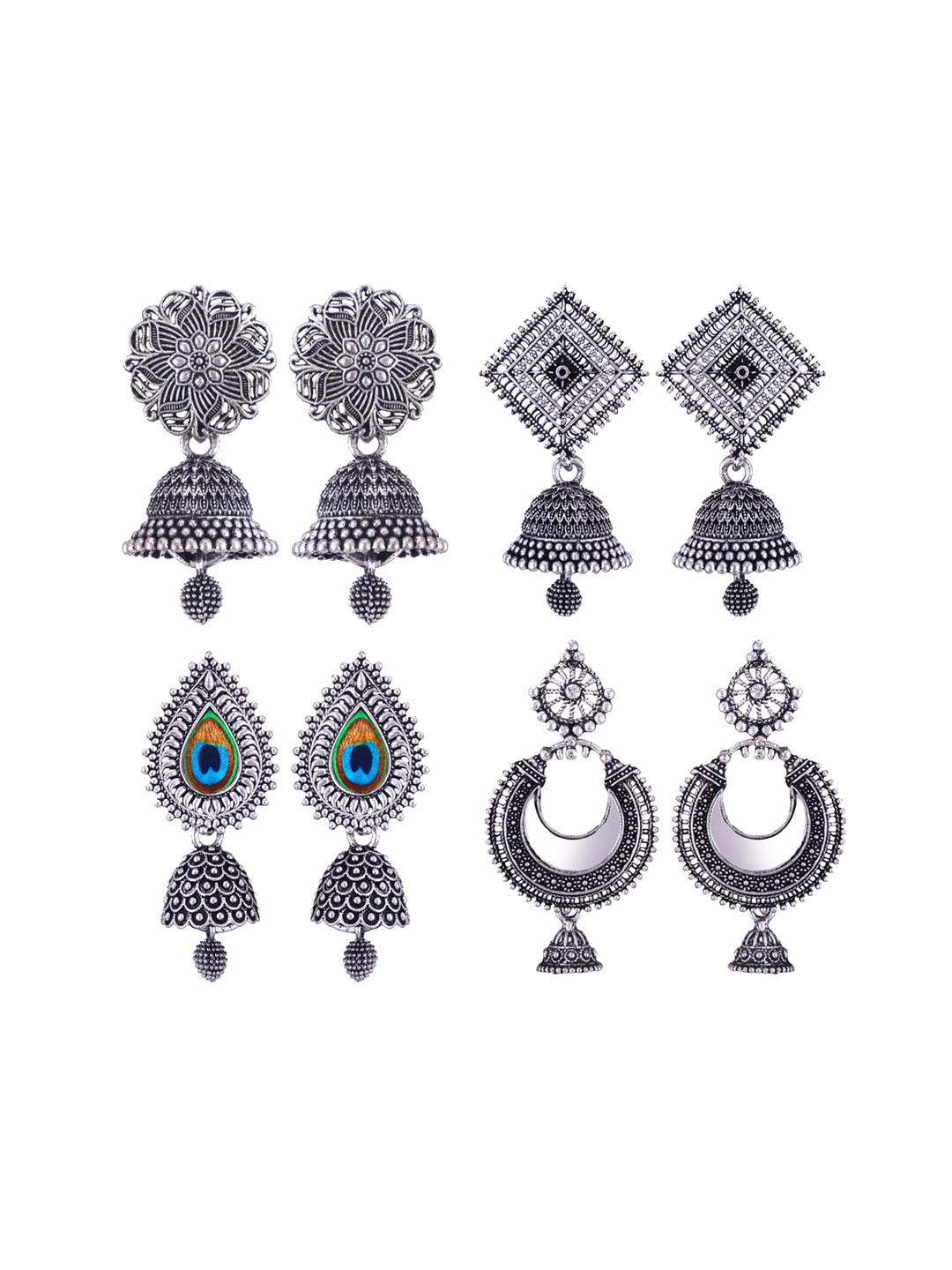 

MEENAZ Set Of 4 Silver-Plated Stainless Steel Oxidised Jhumkas