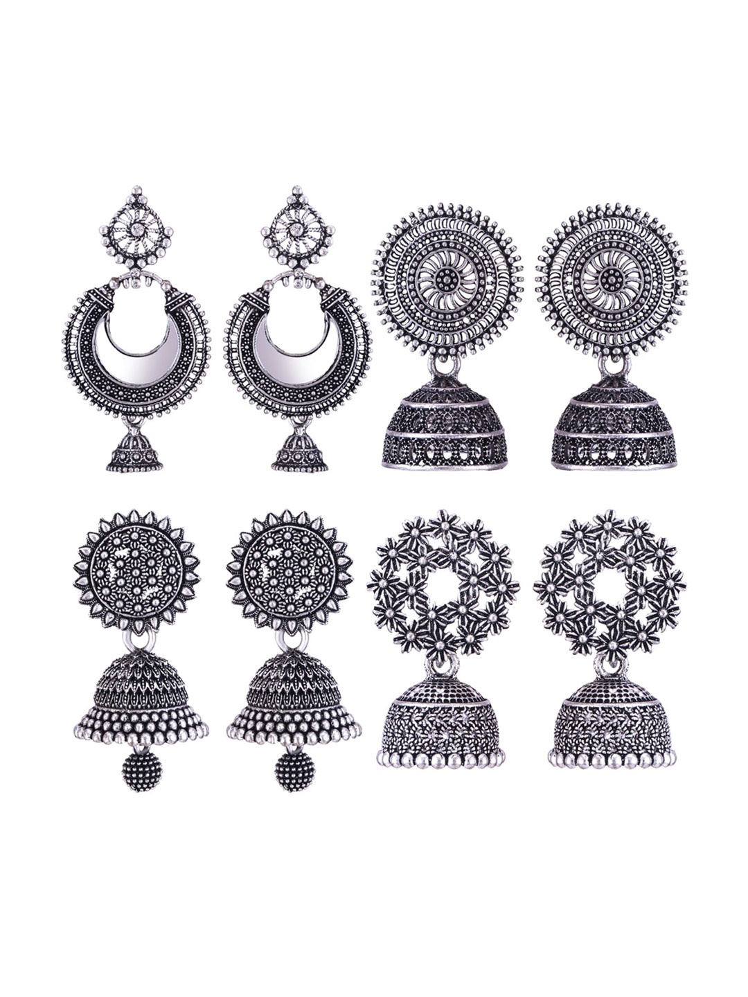 

MEENAZ Set Of 4 Silver-Plated Stainless Steel Oxidised Jhumkas