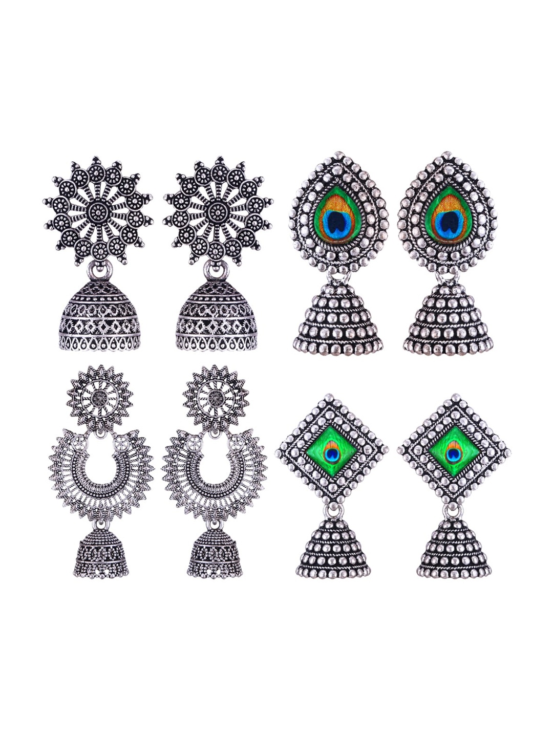 MEENAZ Set Of 4 Silver-Plated Stainless Steel Oxidised Jhumkas