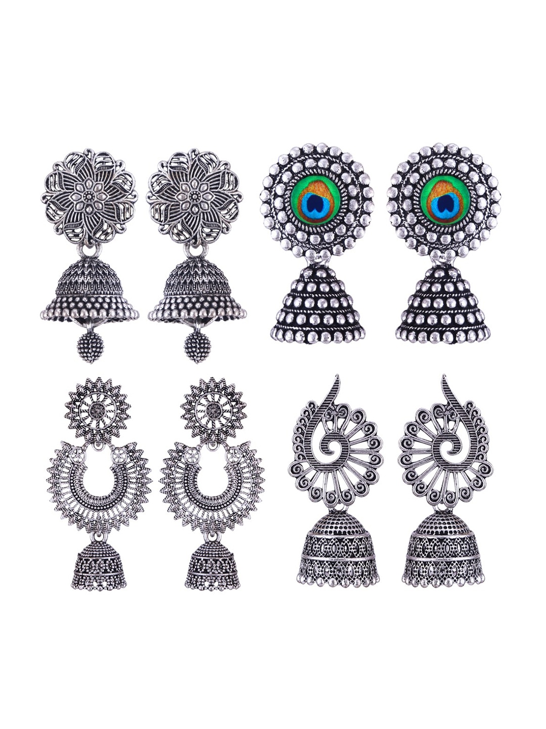 

MEENAZ Set Of 4 Silver-Plated Stainless Steel Oxidised Jhumkas