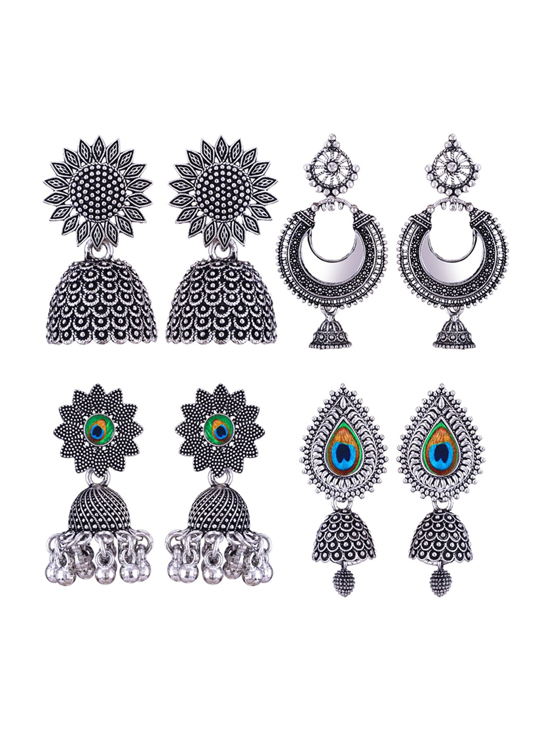 

MEENAZ Set Of 4 Silver-Plated Oxidised Peacock Shaped Jhumkas