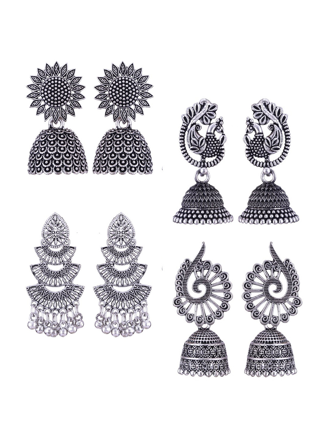

MEENAZ Set Of 4 Stainless Steel Silver-Plated Beaded Peacock Shaped Jhumkas