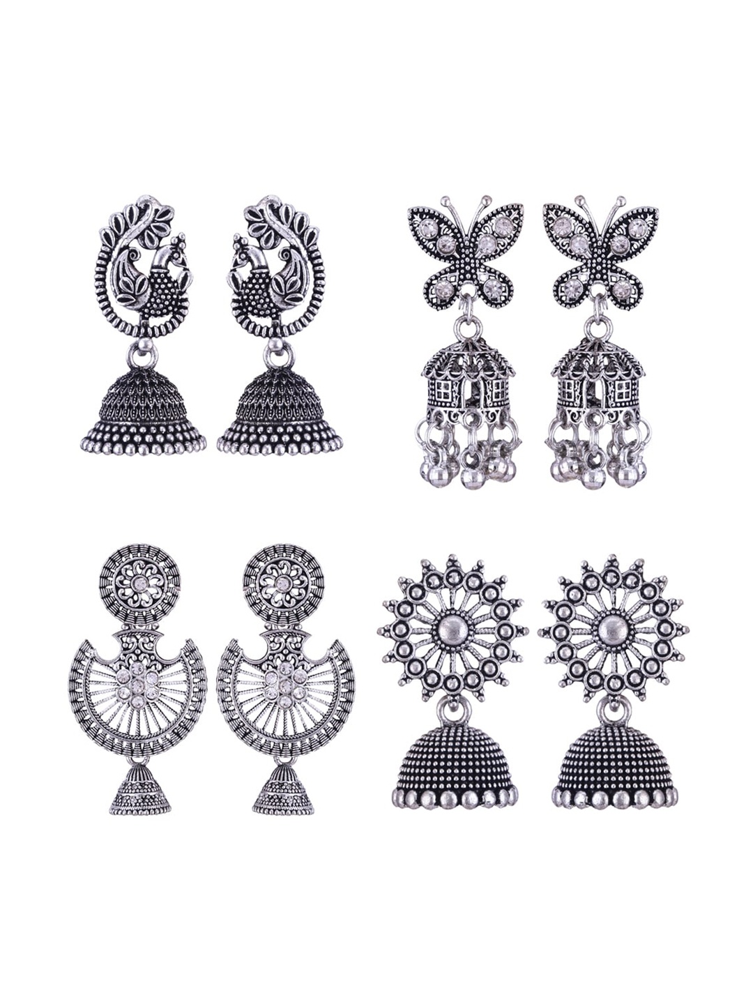 

MEENAZ Set Of 4 Silver-Plated Oxidised Peacock Shaped Jhumkas