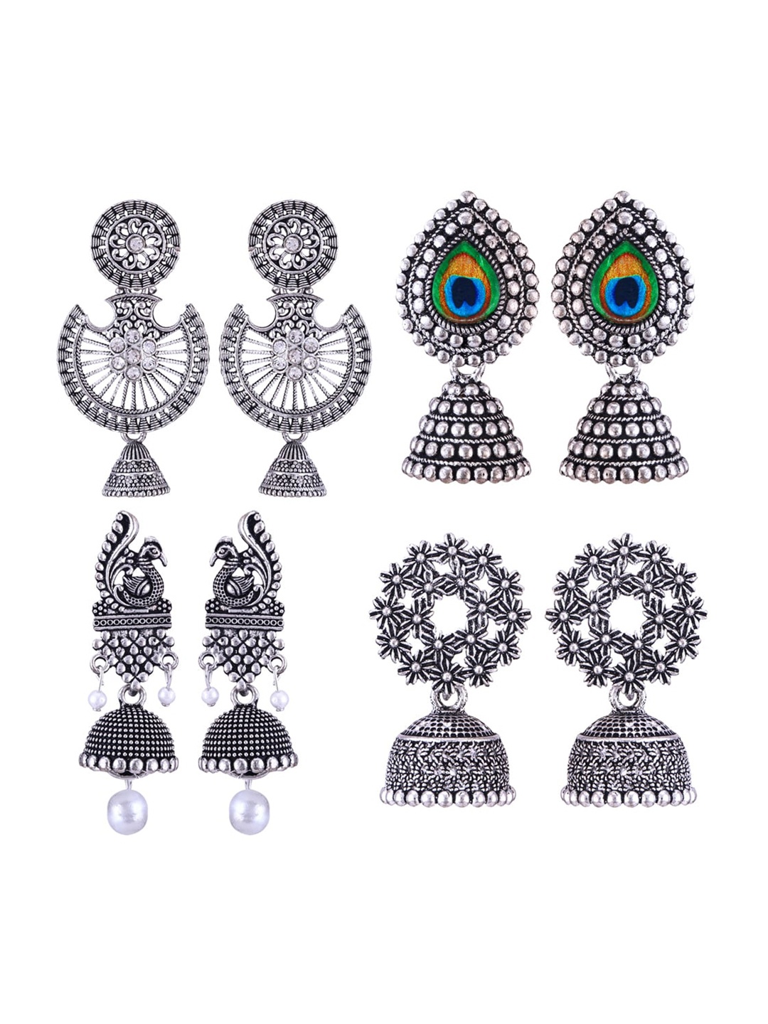 

MEENAZ Set Of 4 Stainless Steel Silver-Plated Peacock Shaped Jhumkas