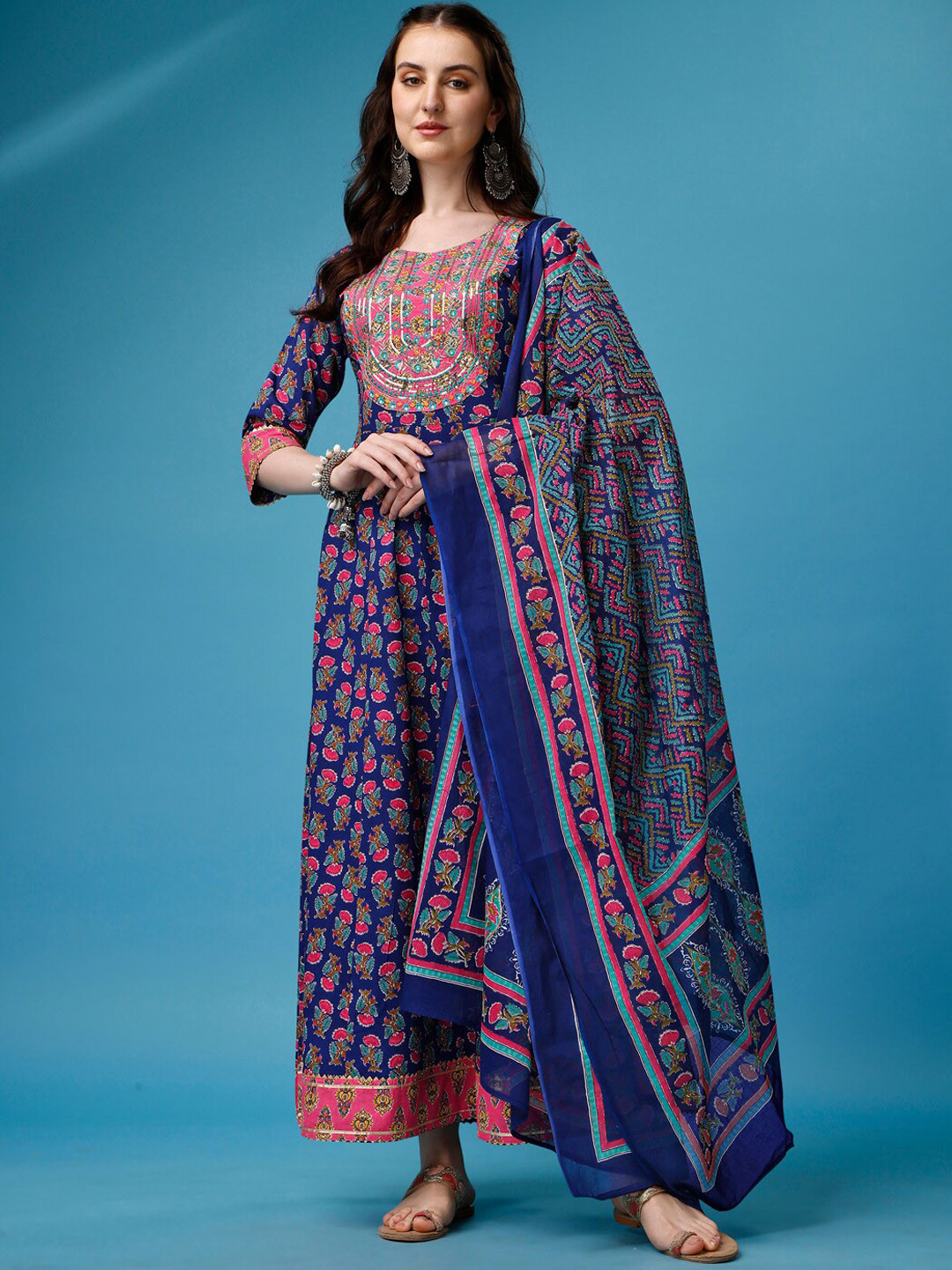 

Ziva Fashion Printed Sequinned Details Ethnic Dress With Dupatta, Navy blue