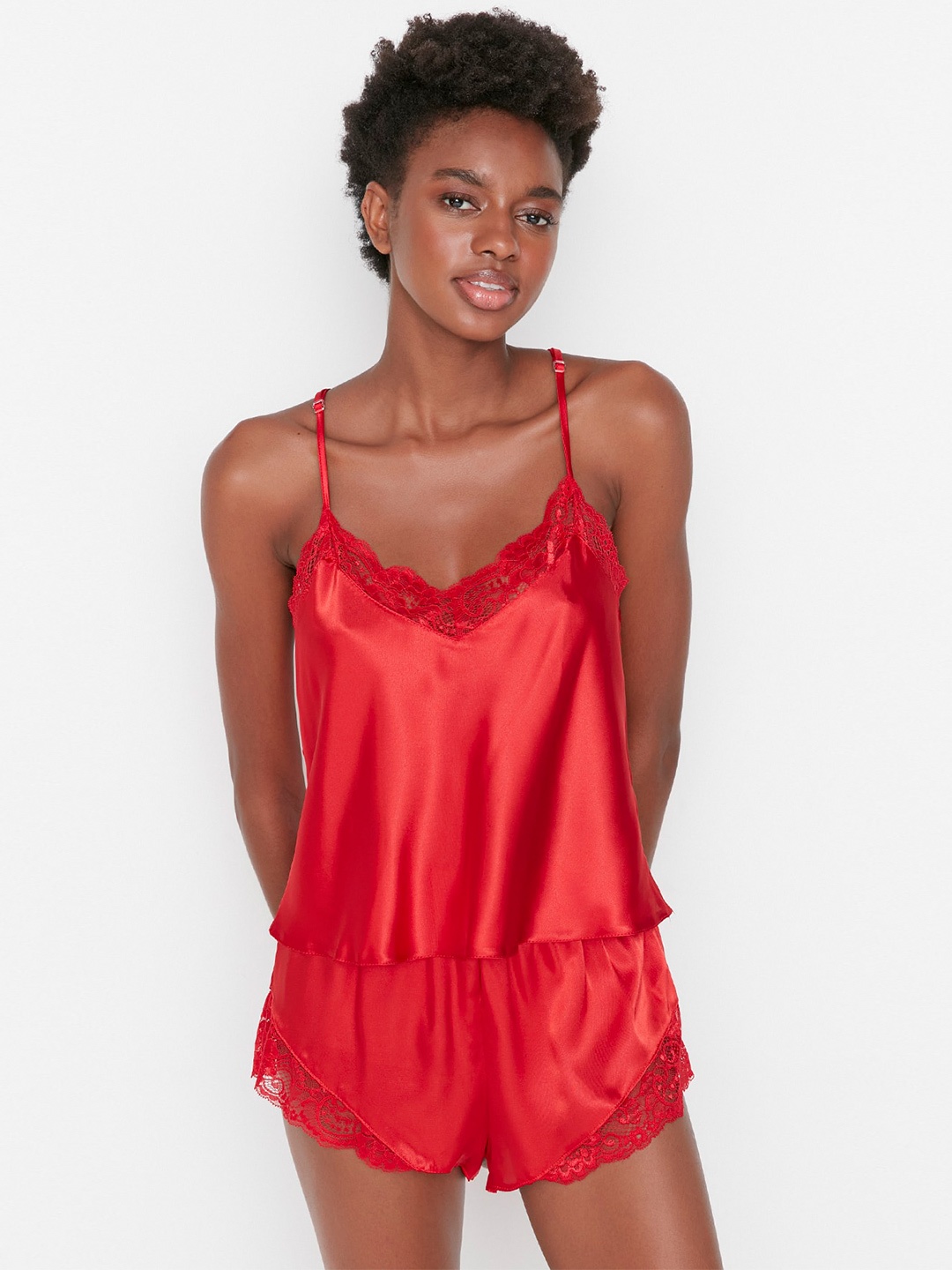 

Trendyol Satin Top With Shorts Night suit, Red