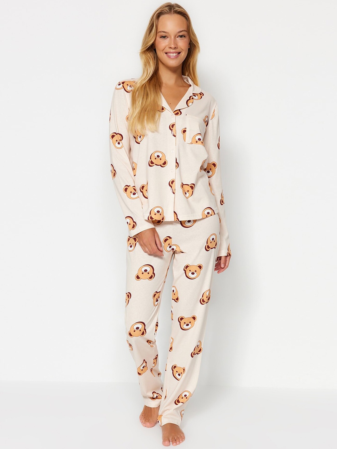 

Trendyol Conversational Printed Pure Cotton Shirt & Trousers, Cream