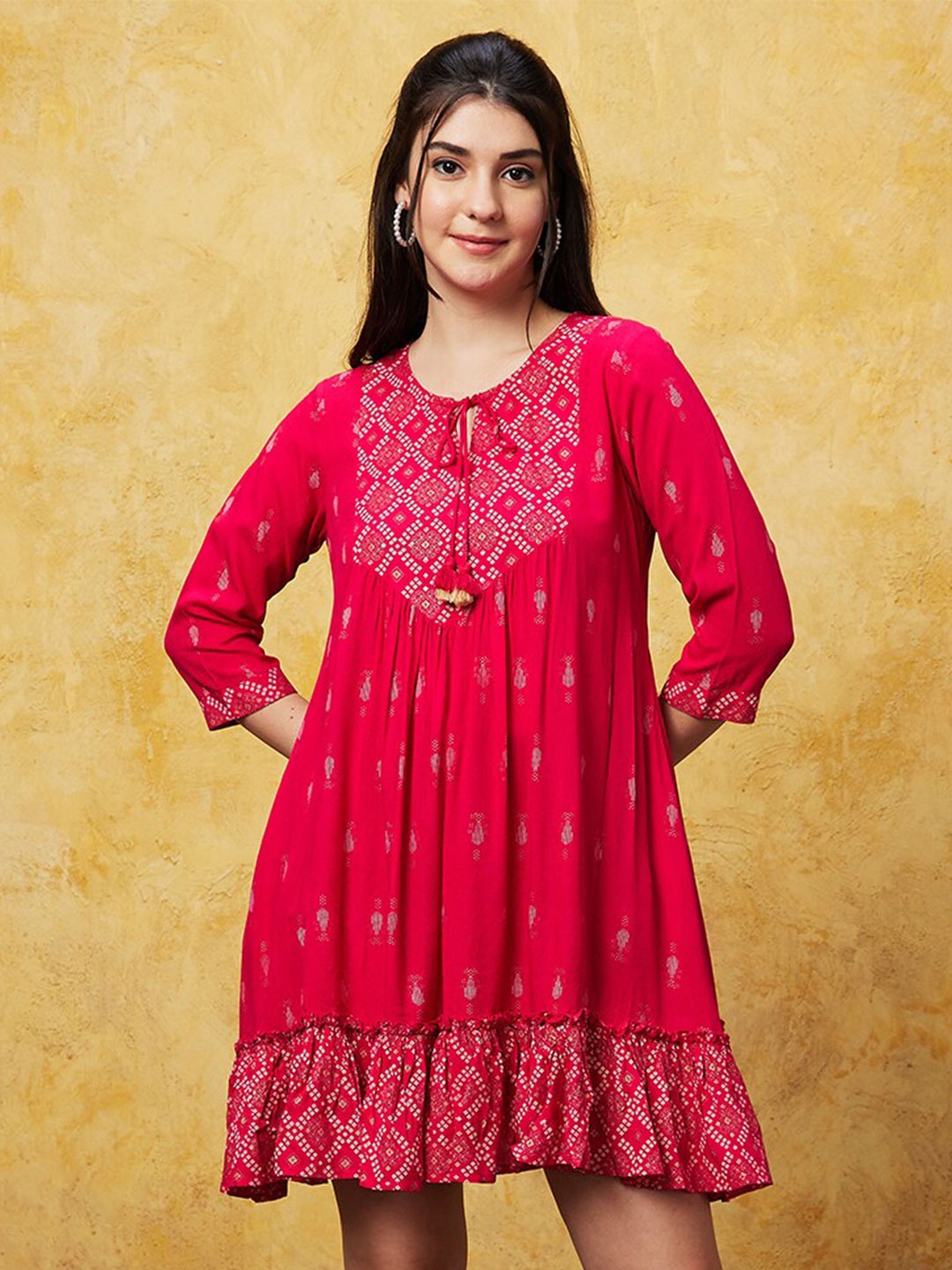 

Globus Pink Ethnic Motifs Printed Tie-Ups A-Line Ethnic Dress