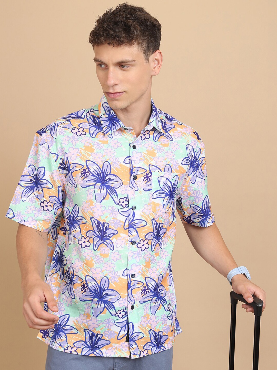 

HIGHLANDER Floral Printed Oversized Casual Shirt, Green