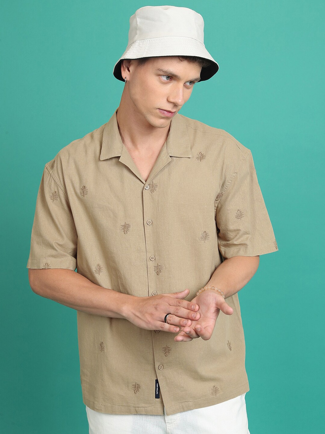 

HIGHLANDER Embroidered Cuban Collar Drop Shoulder Cotton Linen Oversized Shirt, Khaki