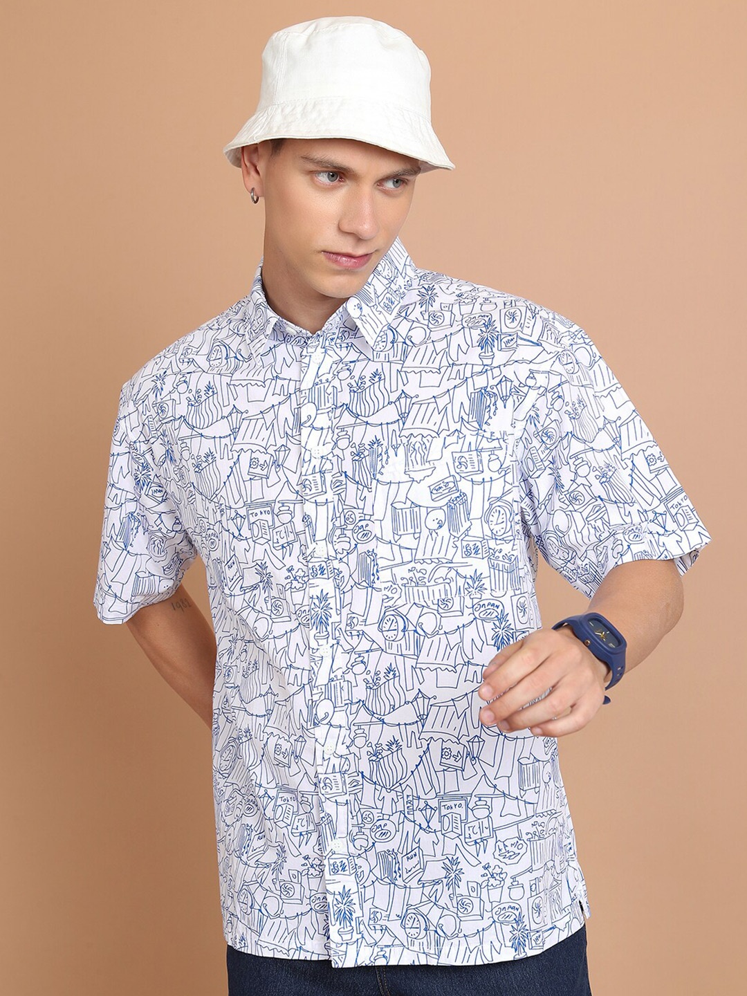 

HIGHLANDER Blue Conversational Printed Cotton Oversized Casual Shirt, White
