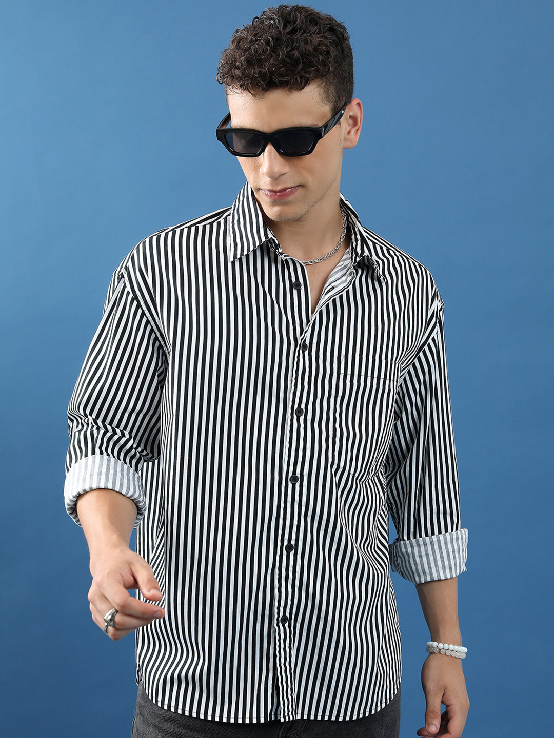 

HIGHLANDER Vertical Striped Oversized Cotton Casual Shirt, Black