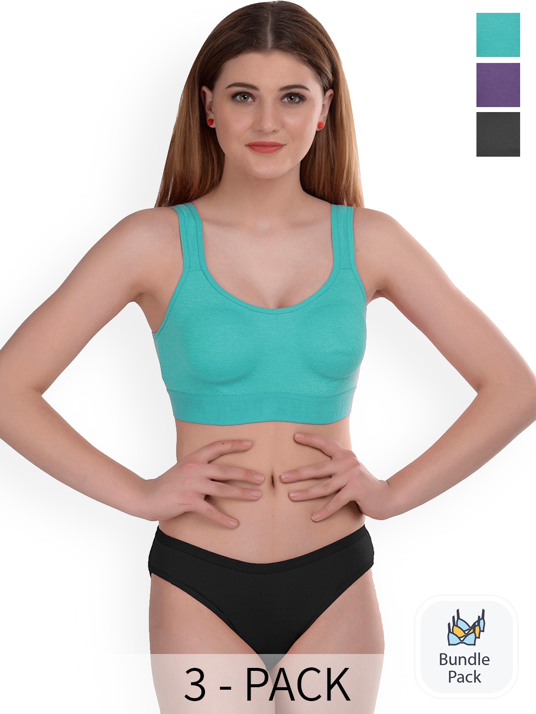 

AROUSY Pack of 3 Cotton Lingerie Set, Turquoise blue