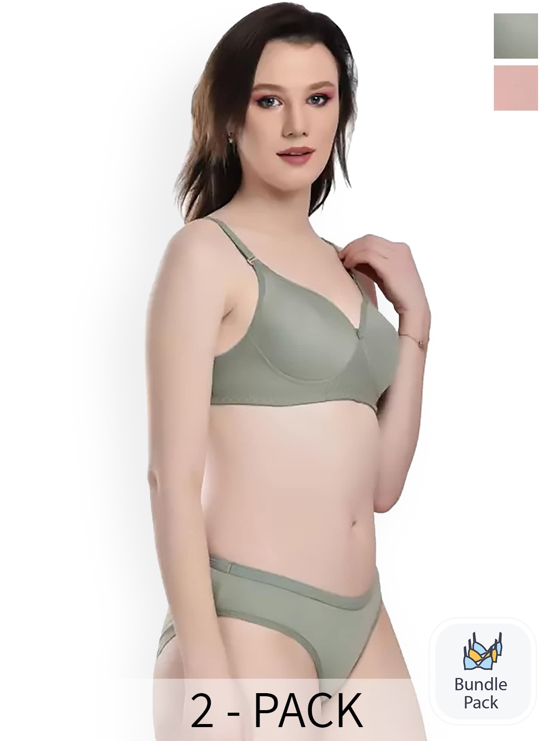 AROUSY Pack Of 2 Cotton Lingerie Sets, Green