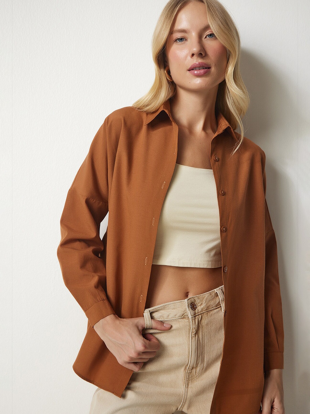 

Happiness istanbul Spread Collar Long Sleeves Casual Shirt, Brown