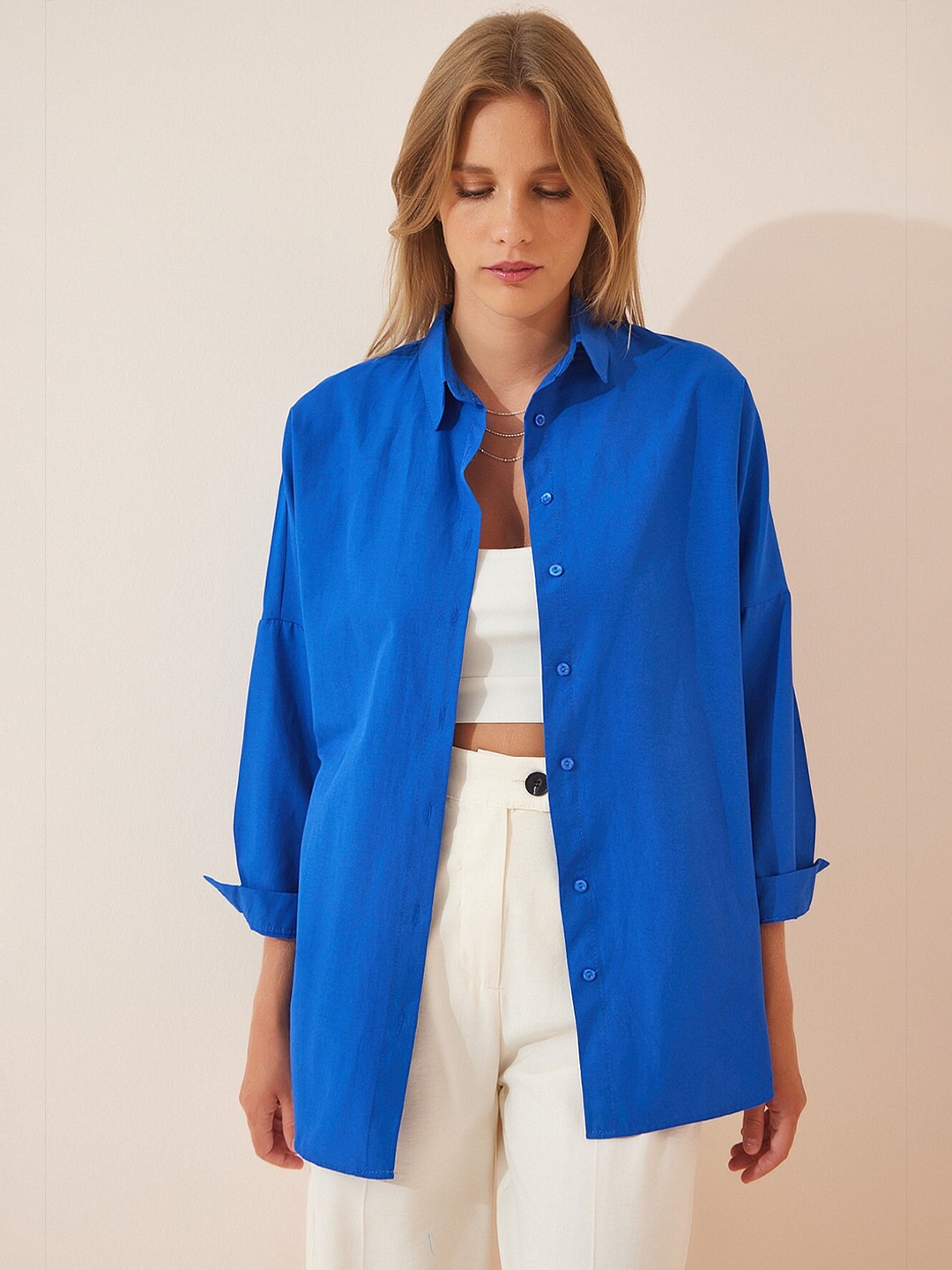 

Happiness istanbul Spread Collar Long Sleeves Casual Shirt, Blue