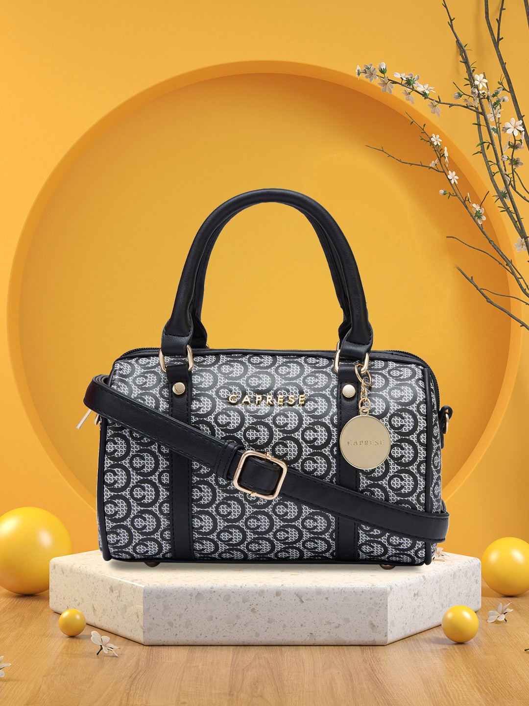 

Caprese Typography Printed Leather Structured Satchel Bag, Black