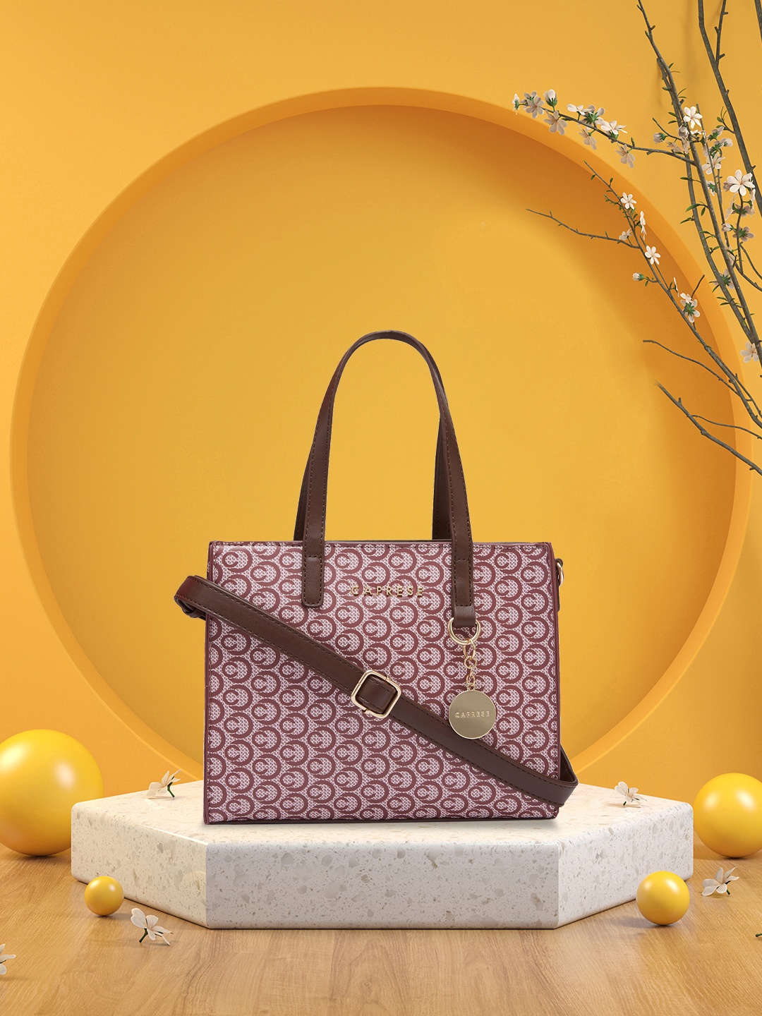 

Caprese Geometric Printed Structured Leather Handheld Bag, Brown