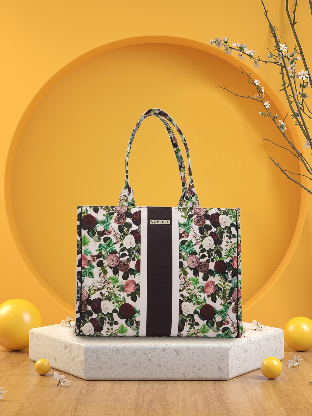 Caprese Floral Printed Leather Oversized Structured Tote Bag, White