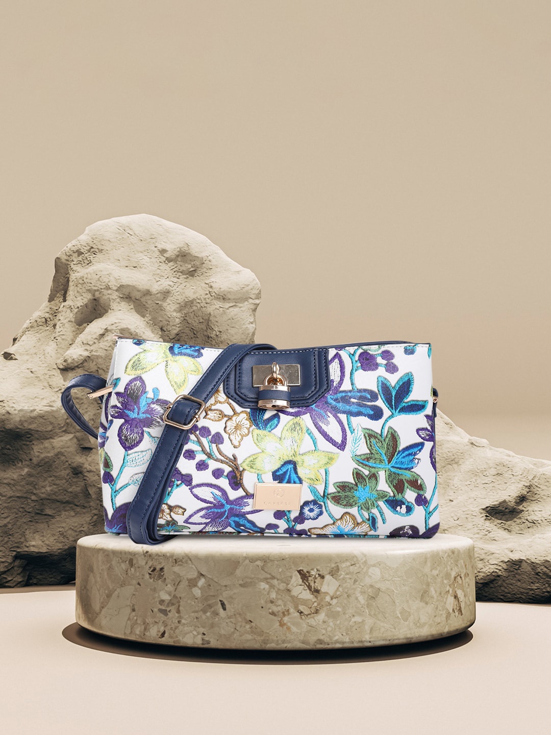 Caprese Floral Printed Leather Structured Sling Bag, White