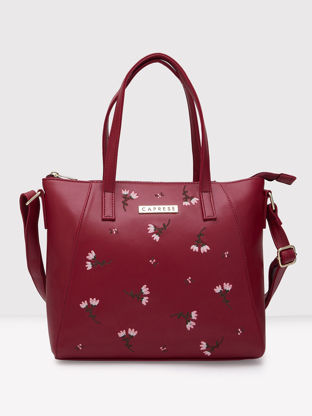 

Caprese Embroidered Detail Leather Structured Handheld, Maroon
