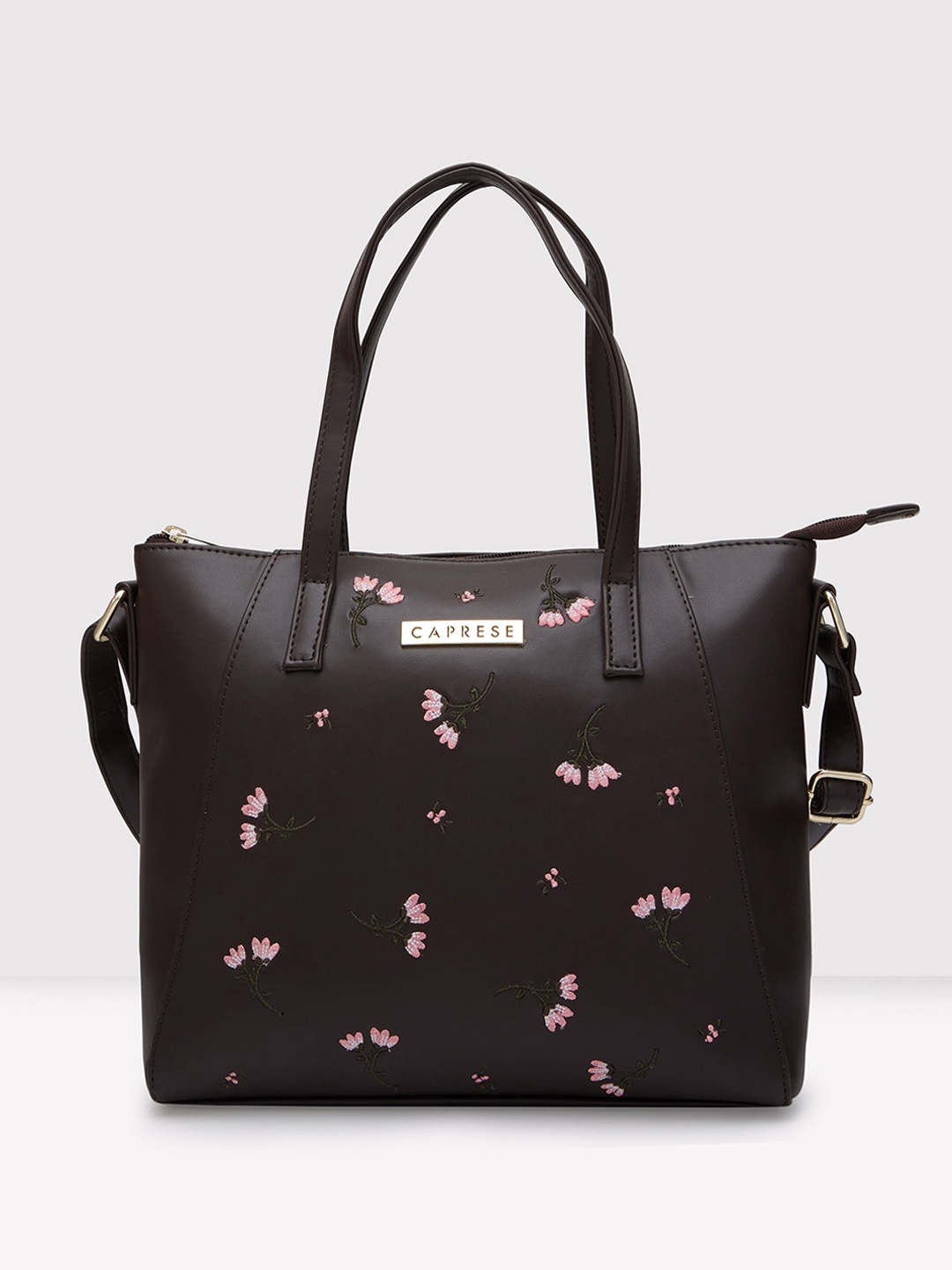 

Caprese Embroidered Leather Structured Shoulder Bag, Brown