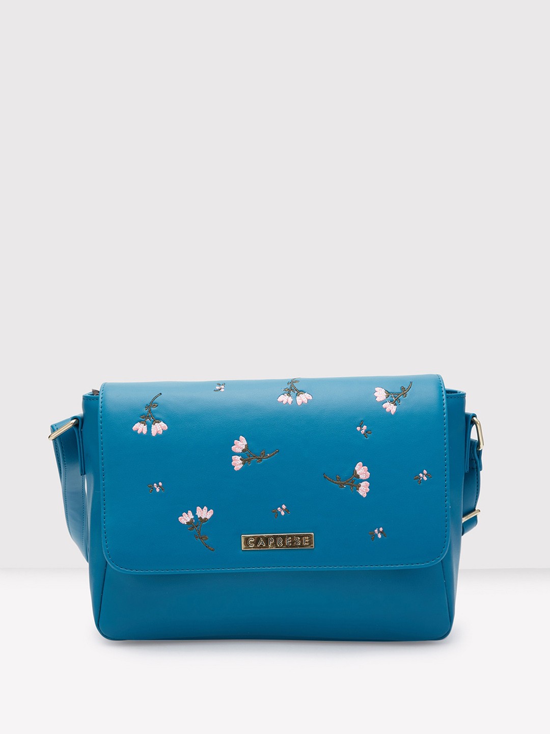 

Caprese Embroidered Leather Structured Sling Bag, Blue