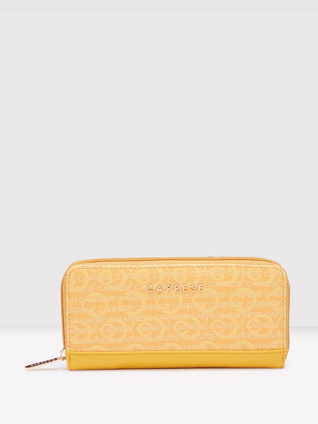 Caprese Typography Printed Leather Zip Around Wallet, Yellow
