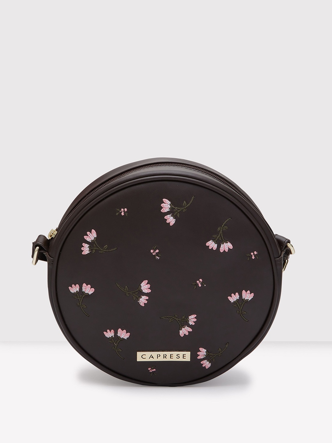 

Caprese Floral Printed Leather Structured Sling Bag, Brown