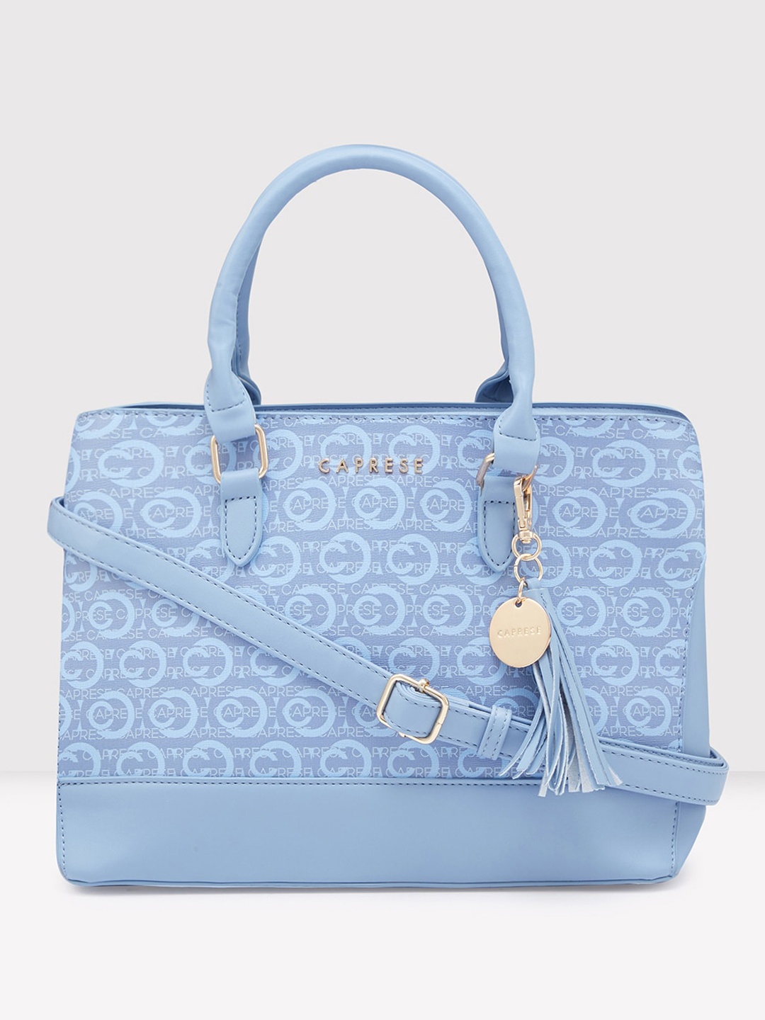 Caprese Typography Printed Leather Structured Handheld Bag with Tasselled, Blue